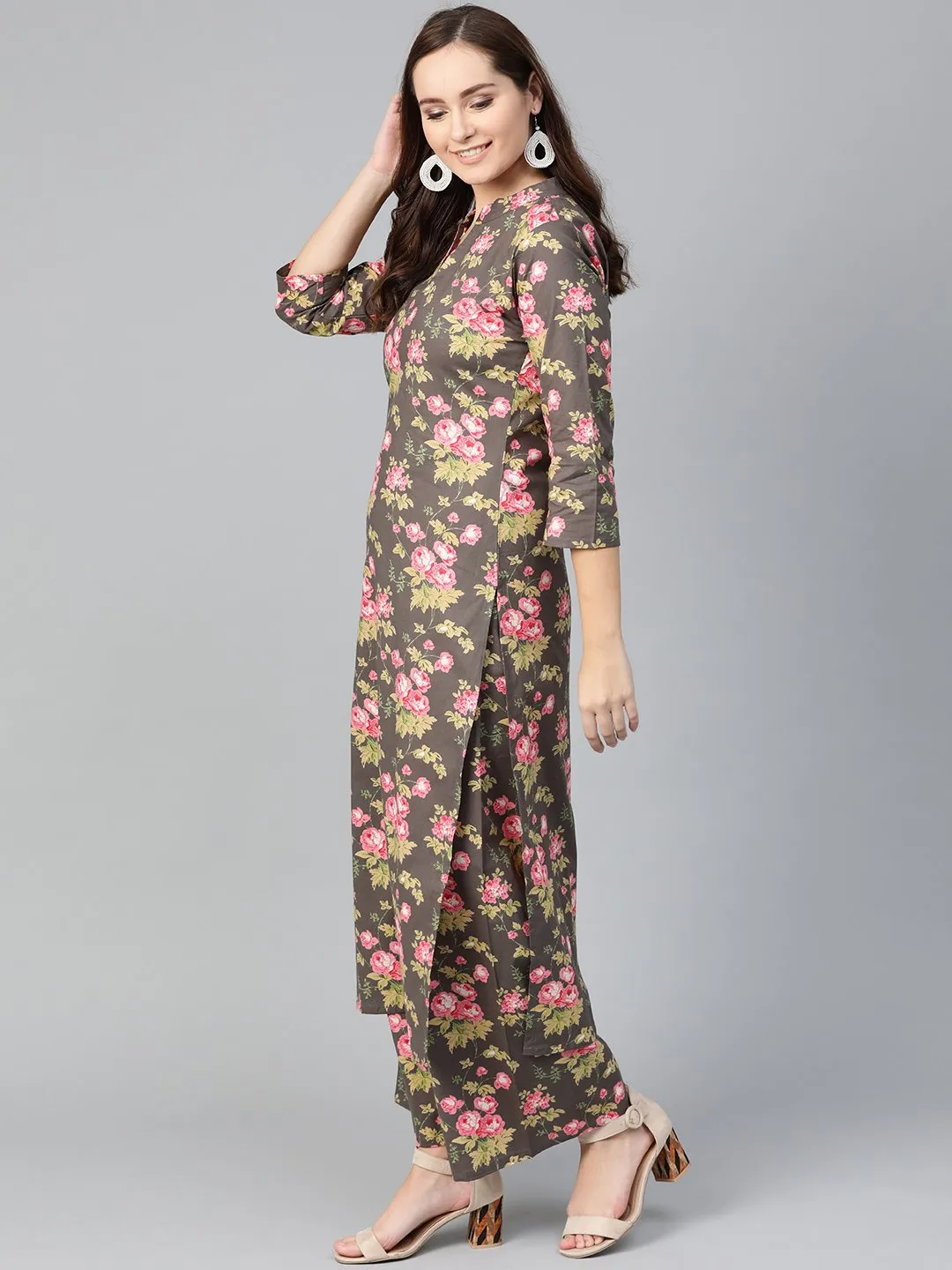 Women Grey & Pink Straight Floral Printed Kurta And Palazzos Set