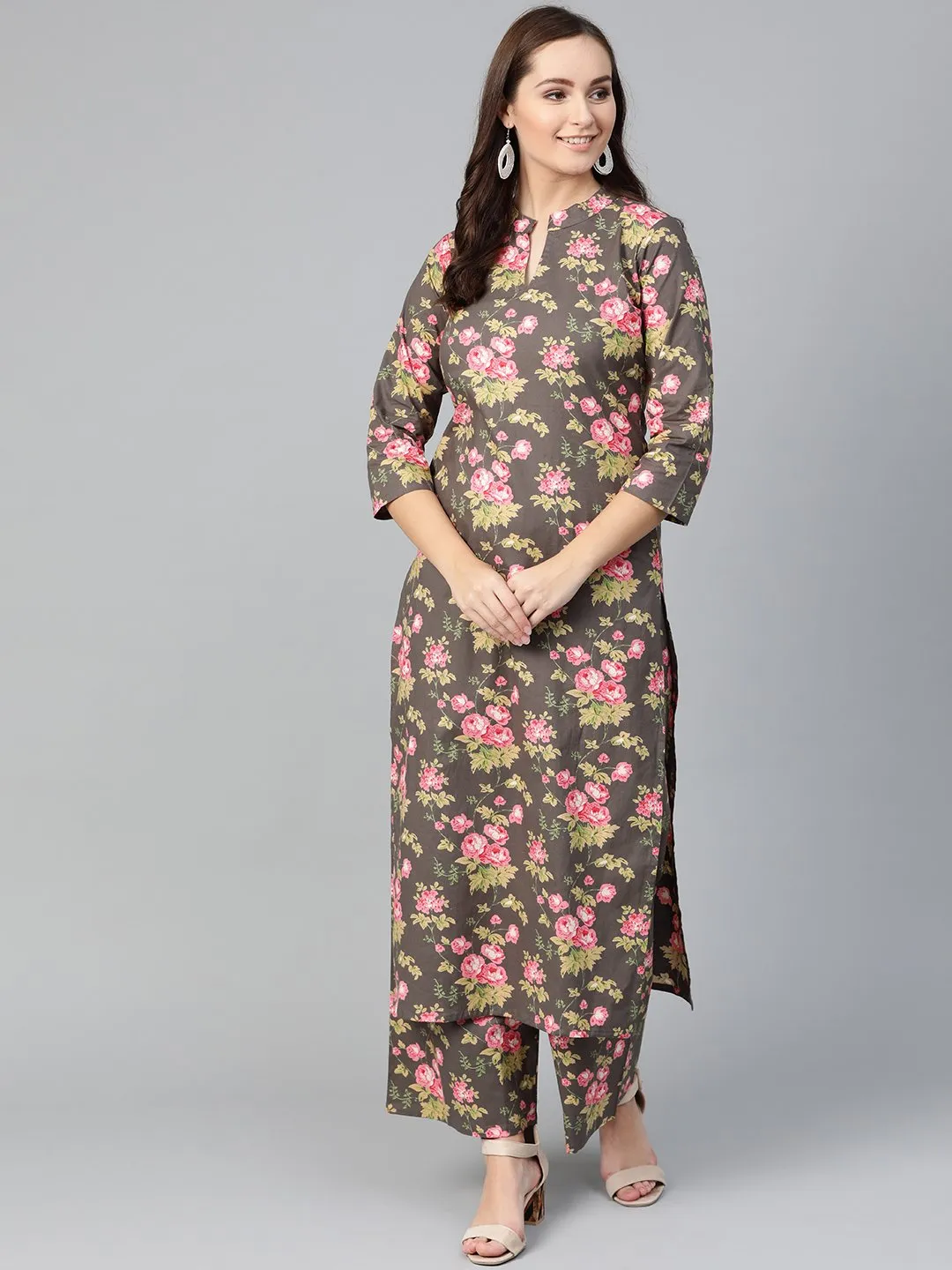 Women Grey & Pink Straight Floral Printed Kurta And Palazzos Set