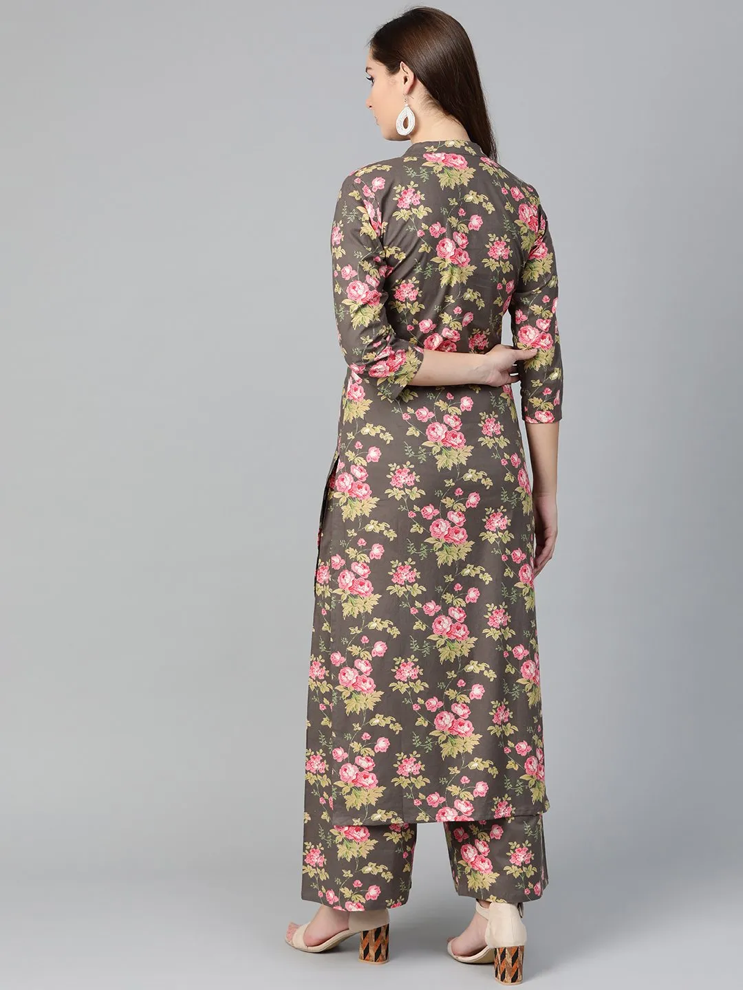 Women Grey & Pink Straight Floral Printed Kurta And Palazzos Set