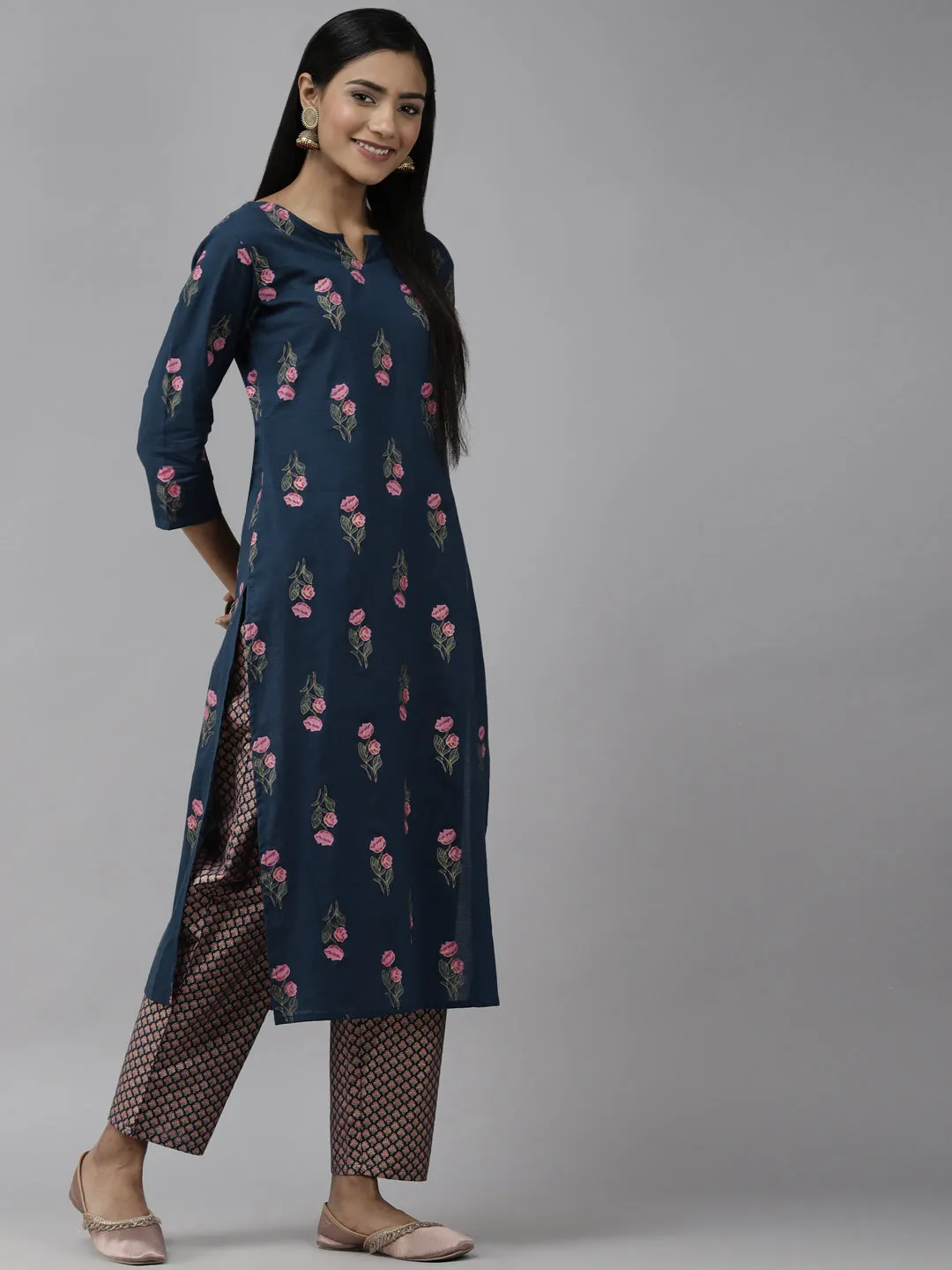 Women Navy Blue Floral Print Pure Cotton Kurta With Trousers & With Dupatta