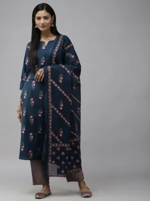 Women Navy Blue Floral Print Pure Cotton Kurta With Trousers & With Dupatta