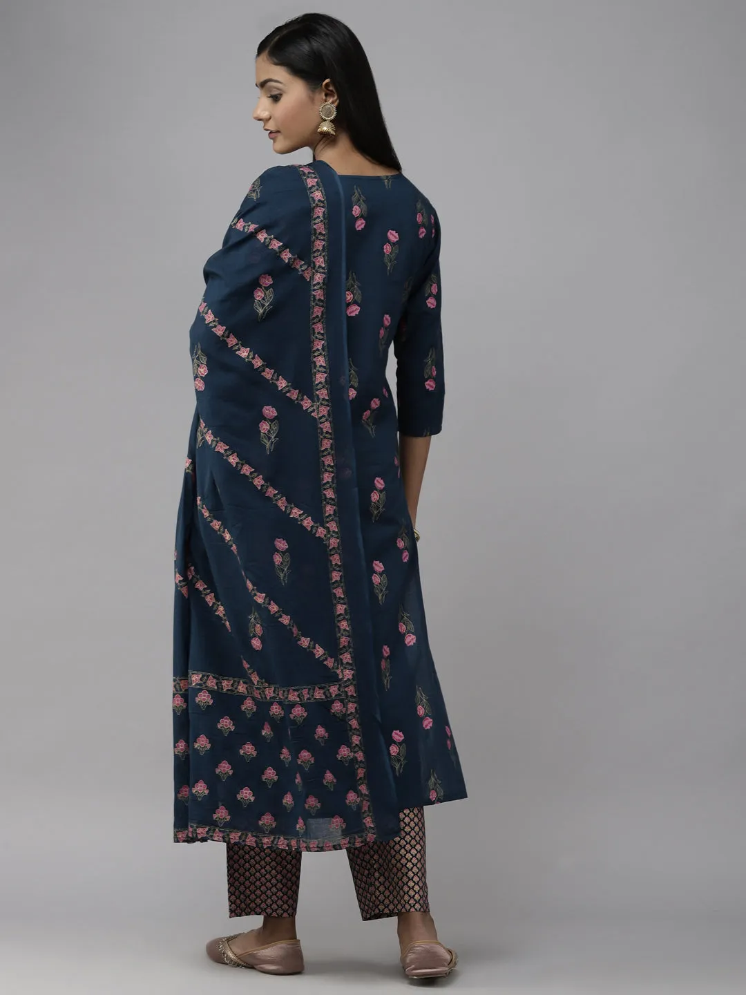 Women Navy Blue Floral Print Pure Cotton Kurta With Trousers & With Dupatta