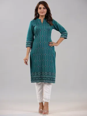 Women Teal Printed Woolen Straight Kurta