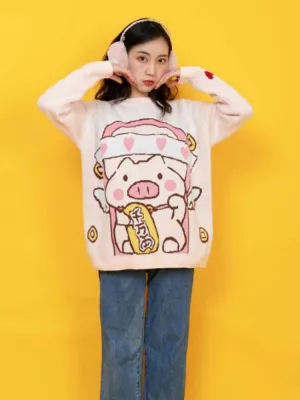 Women's Cartoon Pig Embroidery Knitted Sweaters And Pullovers Winter Thick Warm Girls Knit Jumpe Sweater Jacquard